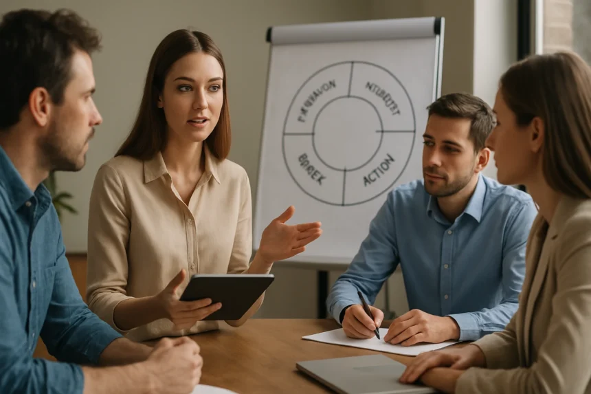 Egy nő elmagyarázza az AIDA marketing modellt egy üzleti megbeszélésen.