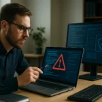 Kiberbiztonsági szakember figyeli a végpontvédelmet laptopján