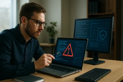 Kiberbiztonsági szakember figyeli a végpontvédelmet laptopján