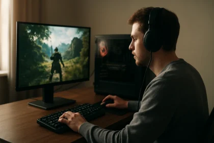 Férfi videojáték közben, modern számítógép előtt