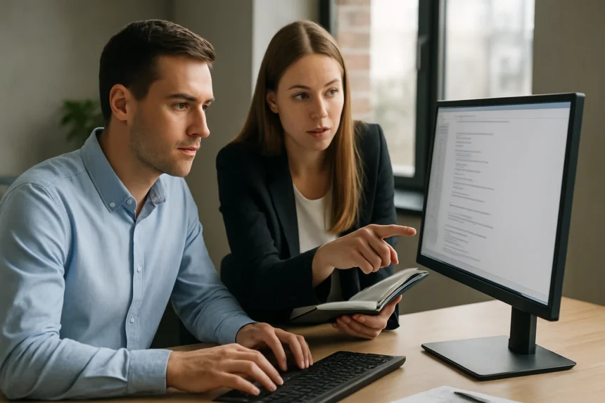 Két szakember együtt dolgozik műszaki követelményeken egy számítógép előtt.
