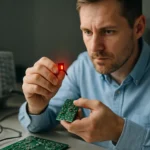 Férfi optocsatolót vizsgál egy nyomtatott áramkörön, elektronikai munka.