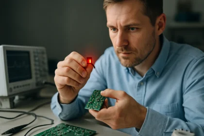 Férfi optocsatolót vizsgál egy nyomtatott áramkörön, elektronikai munka.