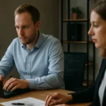 Két szakember dolgozik laptopokkal egy modern irodában