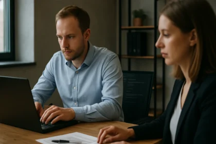 Két szakember dolgozik laptopokkal egy modern irodában