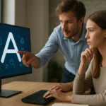 Két ember, aki grafikus szimbólumokról beszél számítógép előtt.