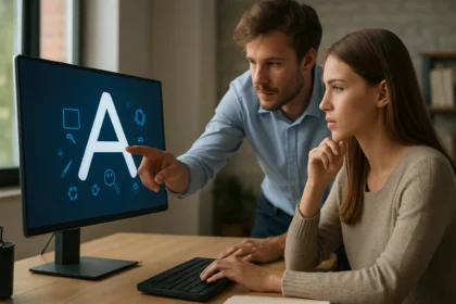 Két ember, aki grafikus szimbólumokról beszél számítógép előtt.