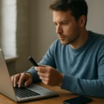 Férfi hordozható alkalmazásokkal dolgozik laptopján USB meghajtó segítségével.