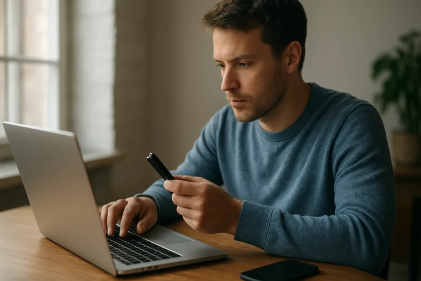 Férfi hordozható alkalmazásokkal dolgozik laptopján USB meghajtó segítségével.