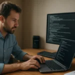 Férfi, aki UNIX alapú rendszerek kódját írja laptopon és monitorn.