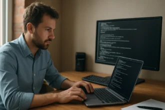 Férfi, aki UNIX alapú rendszerek kódját írja laptopon és monitorn.