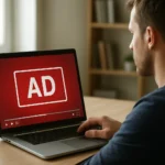 Férfi laptopon pre-roll hirdetést nézve egy modern irodai környezetben.