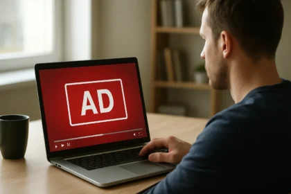 Férfi laptopon pre-roll hirdetést nézve egy modern irodai környezetben.