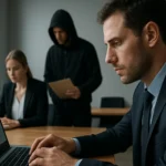 Ipari kémkedés jelenete, üzletember a laptop előtt, háttérben kém