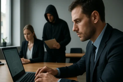 Ipari kémkedés jelenete, üzletember a laptop előtt, háttérben kém