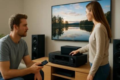 Két személy AV rendszerrel, televízió és hangszórók mellett.