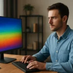 Férfi számítógépes munkában progresszív képfrissítő kijelző előtt.