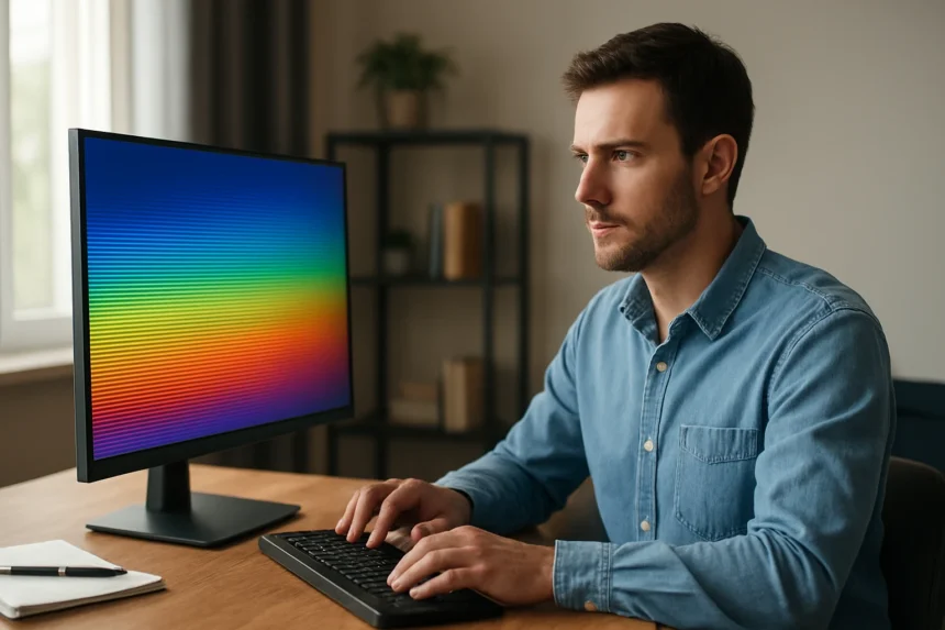 Férfi számítógépes munkában progresszív képfrissítő kijelző előtt.