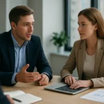 Két üzletember AWS Partner Network megbeszélés során.