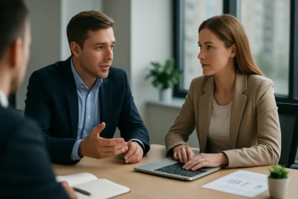 Két üzletember AWS Partner Network megbeszélés során.