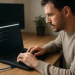 Férfi Telnet paranccsal dolgozik laptopján, technikai környezetben.