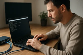 Férfi Telnet paranccsal dolgozik laptopján, technikai környezetben.