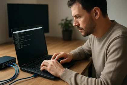 Férfi Telnet paranccsal dolgozik laptopján, technikai környezetben.