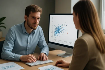 Adatelemzés szakemberei elemzik az outliereket egy grafikon segítségével.