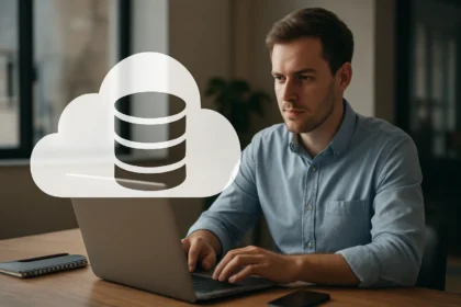 Férfi számítógépen dolgozik a felhő adatbázis vizualizációjával