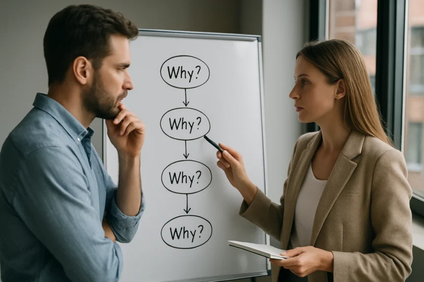 Két szakember a Five Whys módszertan használatával dolgozik egy problémán.