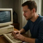 Férfi programoz a régi számítógép monitor előtt, DOS parancsfájl.