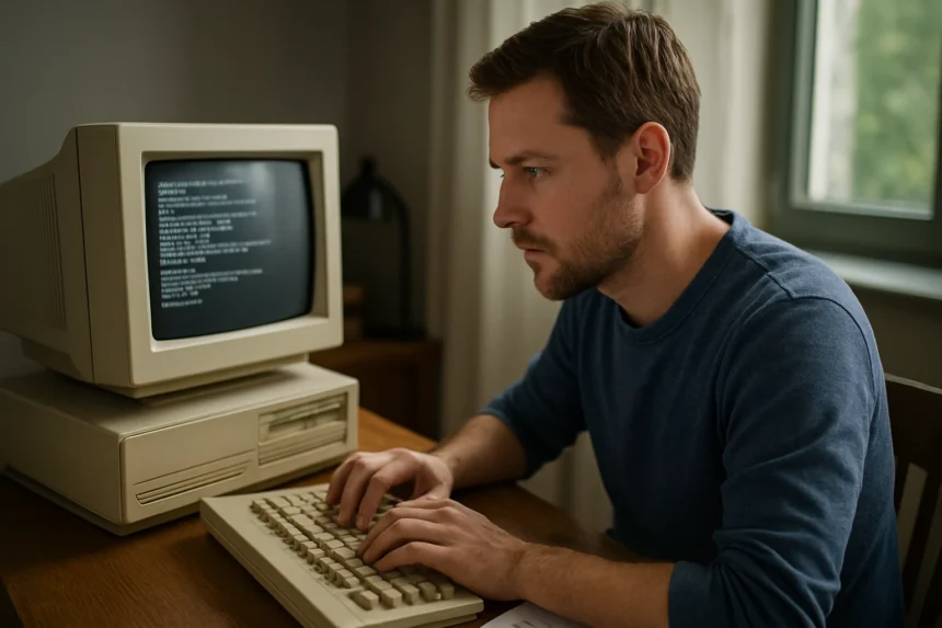 Férfi programoz a régi számítógép monitor előtt, DOS parancsfájl.