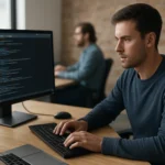 Programozó dolgozik GitHub platformon kódot író asztali gépnél.