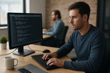 Programozó dolgozik GitHub platformon kódot író asztali gépnél.