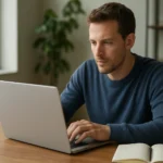 Férfi dolgozik egy Google ChromeOS laptopon otthoni környezetben