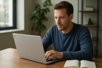Férfi dolgozik egy Google ChromeOS laptopon otthoni környezetben