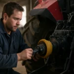 Munkás a traktor PTO mechanikai erőátviteli eszközének javításán