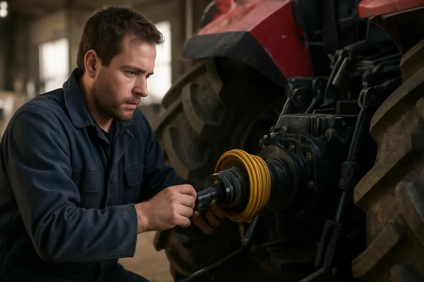 Munkás a traktor PTO mechanikai erőátviteli eszközének javításán