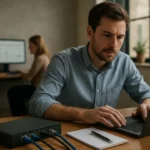 Férfi az adatátvitelről szóló cikkhez laptopon dolgozik.