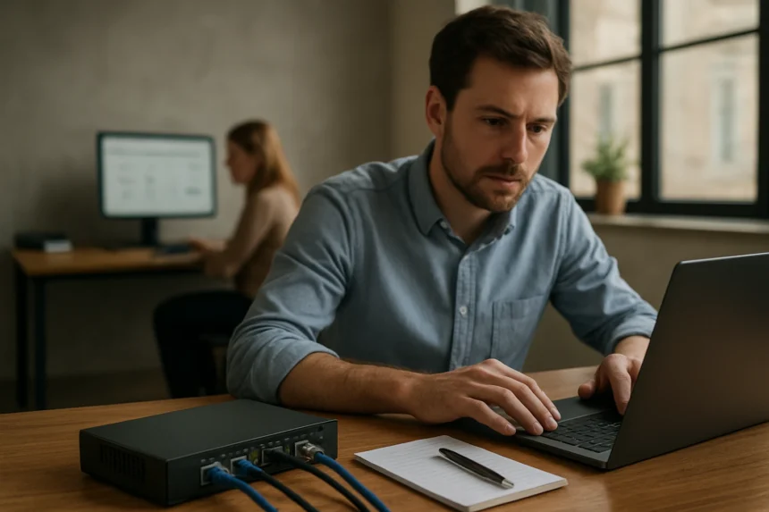 Férfi az adatátvitelről szóló cikkhez laptopon dolgozik.