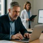 Egészségügyi CIO dolgozik számítógépen, háttérben orvos.