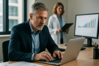 Egészségügyi CIO dolgozik számítógépen, háttérben orvos.