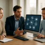 Üzleti kommunikációs eszközök megbeszélése moderne irodában.