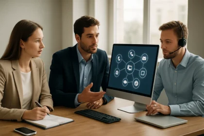 Üzleti kommunikációs eszközök megbeszélése moderne irodában.