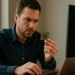 Férfi tart egy processzort a laptop előtt, érdeklődve vizsgálva.