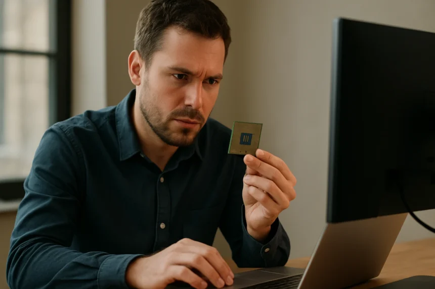 Férfi tart egy processzort a laptop előtt, érdeklődve vizsgálva.