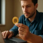 Bitcoin érme a férfi kezében, számítógéppel a háttérben.