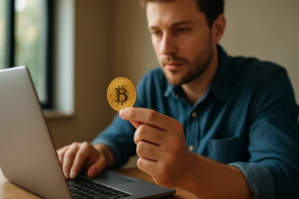 Bitcoin érme a férfi kezében, számítógéppel a háttérben.