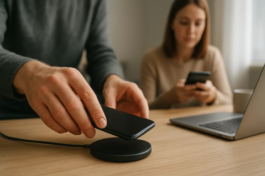 Qi vezeték nélküli töltő és okostelefon az asztalon
