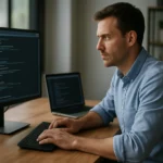 Programozó a számítógép előtt, kódolás és teljesítményoptimalizálás.